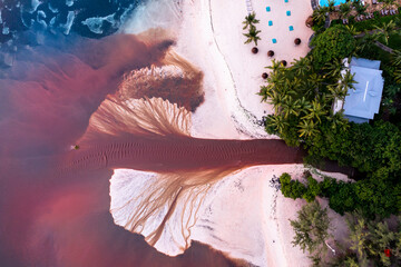 Aerial view: Africa, Mauritius, Flic en Flac coast, a river washes muddy water into the sea after a...