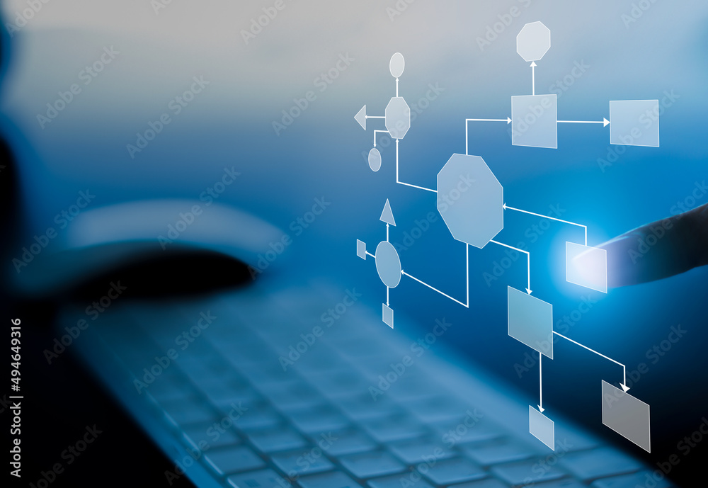 Leinwandbilder business process and workflow automation with flowchart, businessman in background