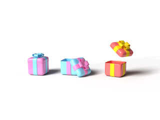 3d render. three gift boxes. Closed and open lids. Isolated