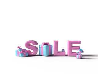 3d render. Sale lettering with gifts and boxes with bows and ribbons.
