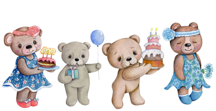 Set of cute teddy bears, celebrating birthday, with gifts and cakes. Watercolor hand drawn illustrations for children.