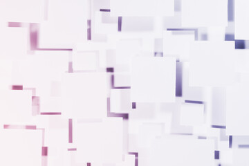 Bright futuristic gradient very peri purple, white and pink abstract geometric background with fly squares in hard light with saturated shadows as random pattern, top view, copy space.