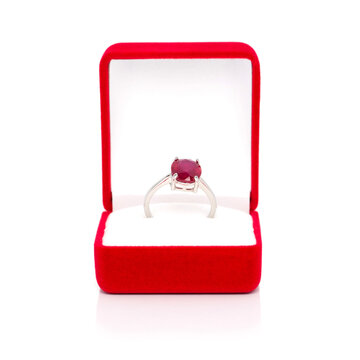 Ruby stones Jewel or gems ring in red jewel box. Collection of natural gemstones accessories. Studio shot