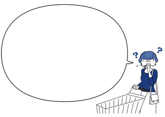 買い物しながら迷う女性と吹き出し