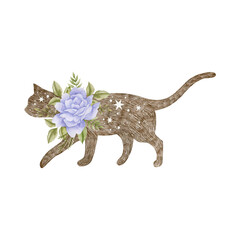 Watercolor illustration of a cat and a bouquet of flowers isolated on a white background 