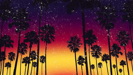 Summer sunset beach. Palm tree silhouette. Los Angeles, California, Hollywood. Design of social media, banner, poster, newsletter, advertisement, leaflet, placard, brochure, wallpaper, t-shirt, flyer.