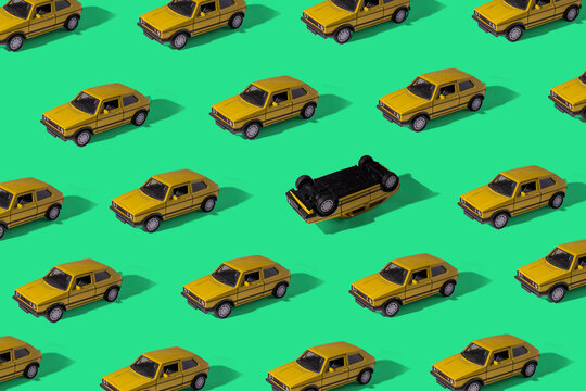 Car Market Crash Concept. Traffic Safety Awareness.  Yellow Car In One Color Background. Pattern