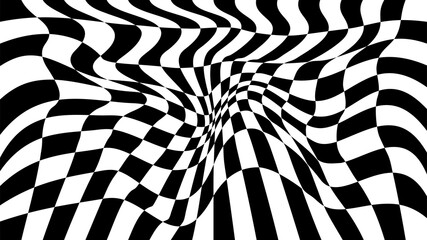 Vector optical illusion with black and white squares. Abstract curve wave background.