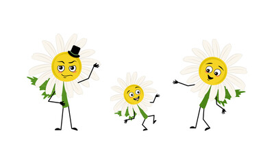 Family of chamomile character with happy emotions, smile face, happy eyes, arms and legs. Mom is happy, dad is wearing hat and child is dancing. Vector flat illustration