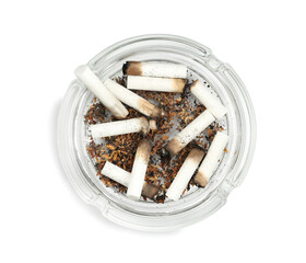 Glass ashtray full of cigarette stubs isolated on white, top view