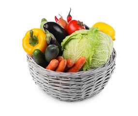 Wicker basket with fresh ripe vegetables and fruit on white background