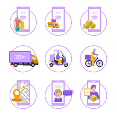 Online delivery concept, online order tracking, home and office delivery. Truck, scooter and bicycle courier. Vector illustration
