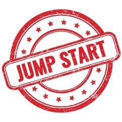 JUMP START text on red grungy round rubber stamp.