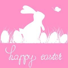 Happy Easter illustration with bunny, lawn and eggs. Silhouette of cute bunny. Vector illustration.
