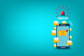 Fototapeta premium Spamming concept, a lot of emails on the screen of a smart phone. Email box hacking, spam warning. Vector illustration.