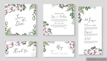 Vector illustrationVector herbal wedding invitation template. Different herbs, white orchid, green plants and leaves, unripe berries, round gold frame. The set consists of an invitation card, thank