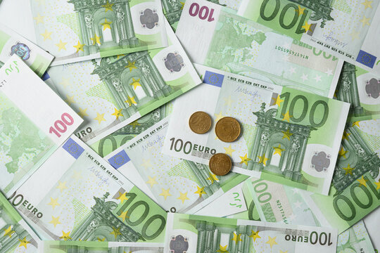 European money in banknotes of 100 euros as background. Concept earnings, payments, investments. Currency.
