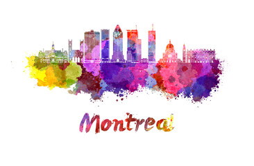 Montreal skyline in watercolor splatters