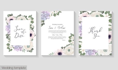 Vector floral template for wedding invitation. Pink roses, white anemones, pink magnolia, sakura, succulents, gypsophila, eucalyptus.