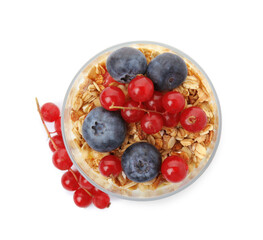 Delicious yogurt parfait with fresh berries on white background, top view