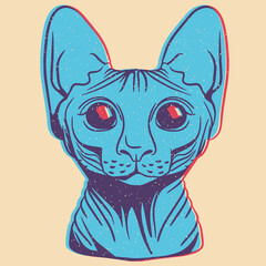 Cute cat. Colorful cute screen printing effect. Riso print effect. Vector illustration. Graphic element  for fabric, textile, clothing, wrapping paper, wallpaper, poster.