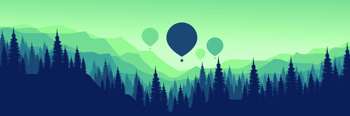 Landscape mountain with forest silhouette and hot air balloon flat design vector illustration good for wallpaper, background, banner, backdrop, tourism and design template 