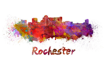 Rochester MN skyline in watercolor