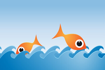 Fototapeta premium Sea rich and abundant with fish jumping out of the sea. vector illustration. Sustainable fishing concept