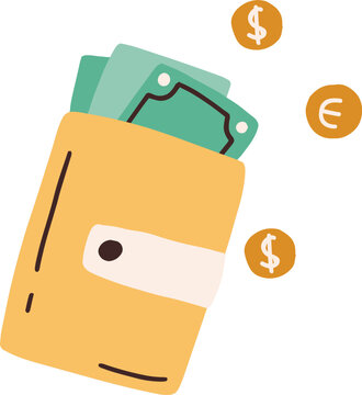 Wallet with Cash Money and Coins Cartoon Illustration