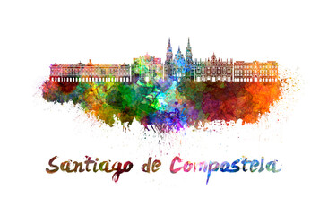 Santiago de Compostela skyline in watercolor - obrazy, fototapety, plakaty