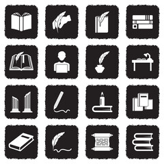 Literature Icons. Grunge Black Flat Design. Vector Illustration.