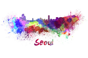 Seoul skyline in watercolor