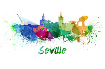 Seville skyline in watercolor - obrazy, fototapety, plakaty