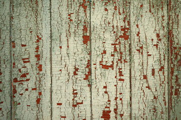 Natural, textured background of old vertical wooden boards with cracked paint of green, brown color.