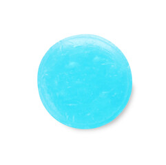 One light blue cough drop isolated on white, top view