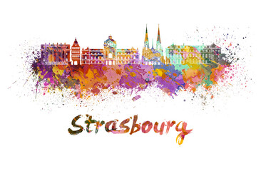 Strasbourg skyline in watercolor - obrazy, fototapety, plakaty