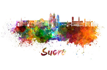 Sucre skyline in watercolor splatters with clipping path