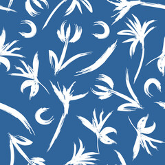 Blue and white Artistic hand paint lily flowers and botanical florals seamless pattern in vector hand brushed strokes ,design for fashion,fabric,wallpaper,web