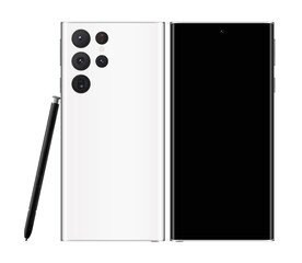 Samsung Galaxy S22 Ultra with front and back design and pen. Galaxy S23 Ultra smartphone white. Samsung smart phone vector stock  illustration.