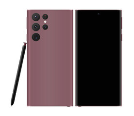 Samsung Galaxy S22 Ultra with front and back design and pen. Galaxy S22 Ultra smartphone burgundy. Samsung smart phone vector stock  illustration.