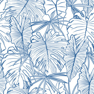 Modern Blue Line Tropical Jungle leaves seamless pattern. Monstera , palm leaves and exotic forest ,Design for fashion , fabric, textile, wallpaper, cover, wrapping and all prints