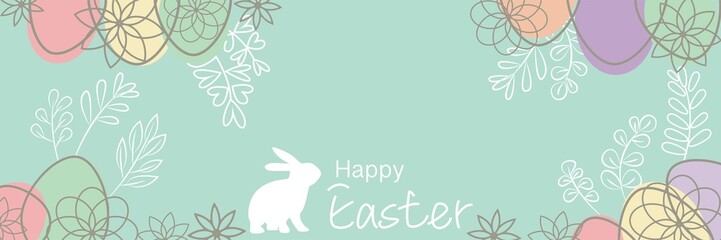 happy easter illustration decorated with colorful eggs and floral elements. Easter decorative background for event, frame, banner and graphic design. Vector illustration.