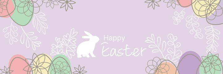 happy easter illustration decorated with colorful eggs and floral elements. Easter decorative background for event, frame, banner and graphic design. Vector illustration.