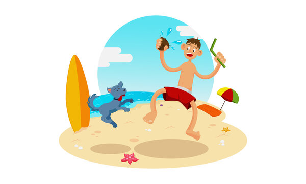 the boy with cute little doggy in beach.  illustration vector cartoon character.