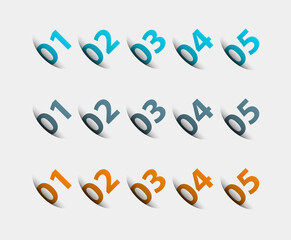 Oval buttons infographic with numbers vector banner. 3D bulge volumetric templates with blue numbers annotations and orange information. Statistical gray graphic tabs for presentation of projects.