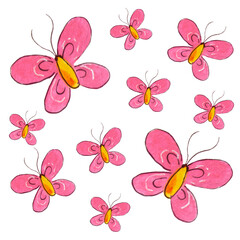 Nice handmade watercolor pattern with cute pink and yellow butterfly separeted on the whie backround