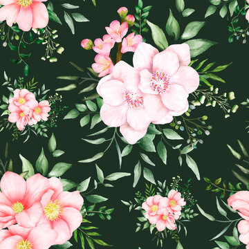 Hand drawn watercolor romantic floral seamless pattern
