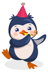 Charming cartoon penguin in a pink cap, dudid to the tune. Vector illustration