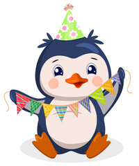 Funny cartoon penguin in a cap with flowers holds a garland.