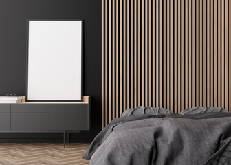 Empty vertical picture frame on black wall in modern bedroom. Mock up interior in minimalist, contemporary style. Free space, copy space for your picture. Bed, console. 3D rendering.